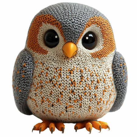 Knitted toy owl isolated on white background. 3d illustration.の写真素材