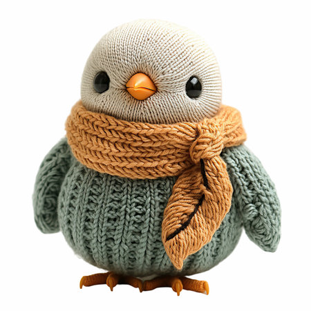 Cute little bird wearing scarf isolated on white background, closeupの写真素材