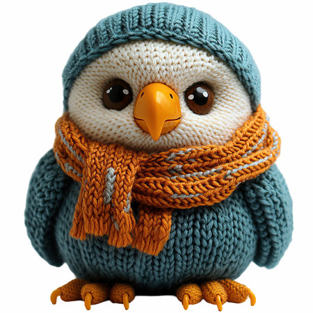Cute owl in a knitted hat and scarf isolated on white backgroundの写真素材