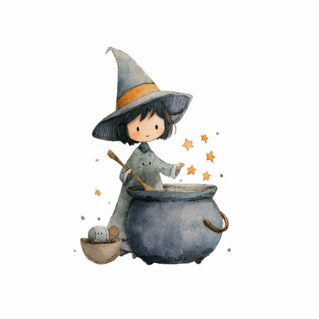 A charming watercolor illustration featuring a tiny witch stirring a pot under a twinkling sky, perfect for Halloween decor or children&#39;s art.の写真素材