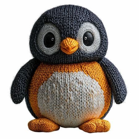 Handmade woolen penguin isolated on white background. Knitted animal.の写真素材