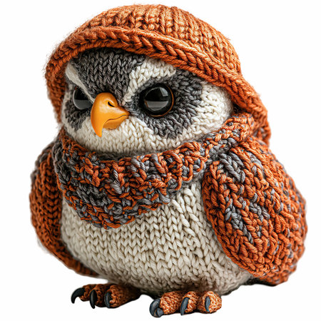 Knitted owl with scarf isolated on white background. Clipping path included.の写真素材