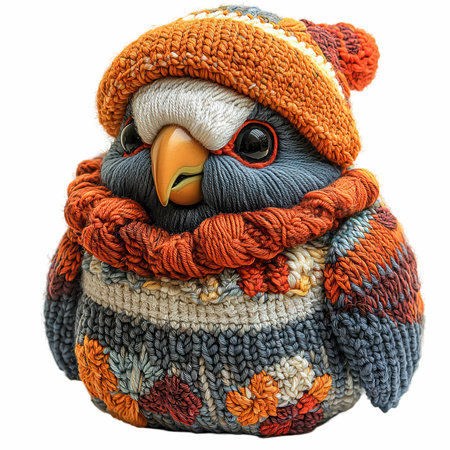 Knitted owl in a hat and scarf isolated on white background.の写真素材