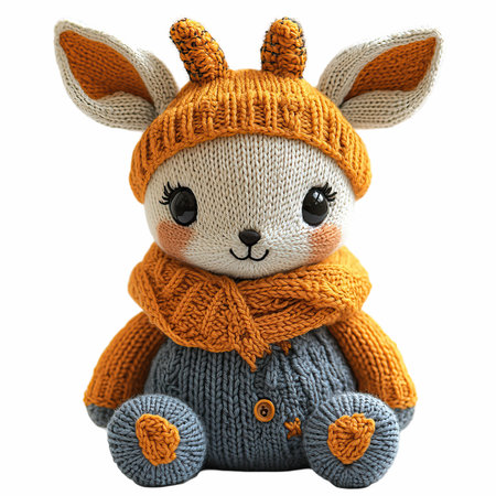 Handmade knitted toy rabbit in a hat and scarf isolated on white backgroundの写真素材