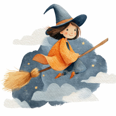 Experience the charm of Halloween with this joyful watercolor illustration of a witch flying on a broomstick amidst fluffy clouds and stars.の写真素材