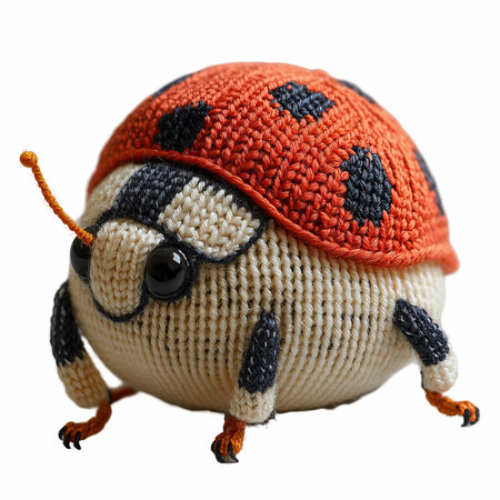 Handmade crochet ladybug isolated on white background with clipping path.の写真素材