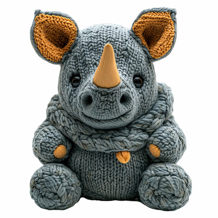 Knitted toy rhinoceros isolated on a white background.の写真素材