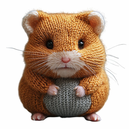 Cute hamster in a knitted hat isolated on white backgroundの写真素材