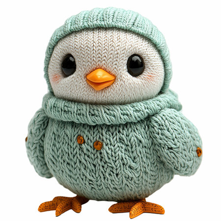 Cute little penguin in a knitted hat isolated on white background
