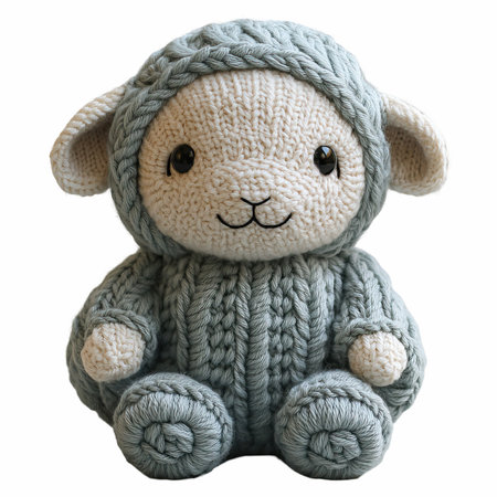 Cute knitted soft toy sheep isolated on white background. Handmade.の写真素材