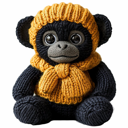 Handmade knitted toy monkey isolated on white backgroundの写真素材