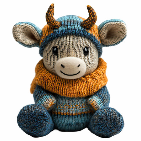 Knitted toy cow in a hat and scarf isolated on white backgroundの写真素材
