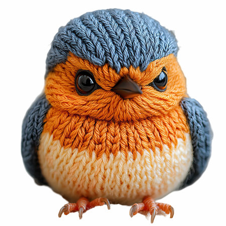 Handmade knitted toy robin isolated on white background. Closeup.の写真素材