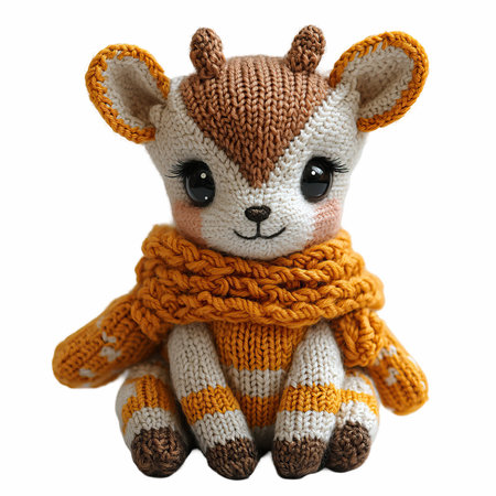 Handmade knitted toy deer with scarf isolated on white background.の写真素材