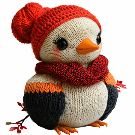 Handmade knitted toy penguin isolated on a white background.の写真素材