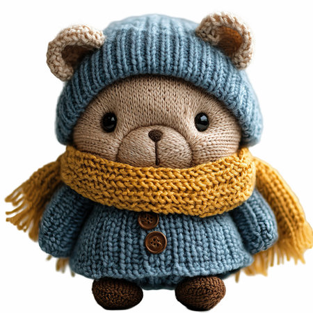 Teddy bear in a knitted hat and scarf isolated on white backgroundの写真素材