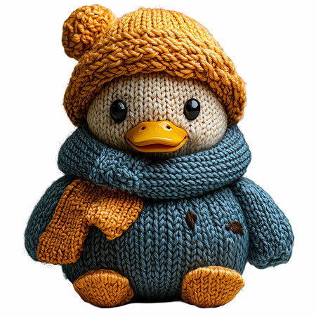 Cute handmade woolen toy duck isolated on white background with clipping pathの写真素材
