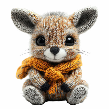 Cute toy animal in knitted scarf isolated on white background.の写真素材