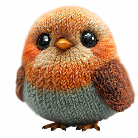 Cute little bird in a knitted hat isolated on white backgroundの写真素材