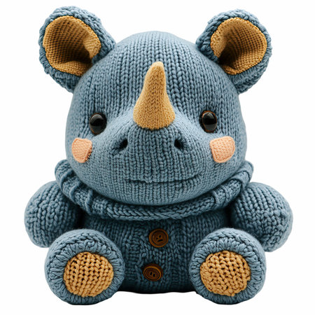 Knitted toy rhinoceros isolated on white background with clipping pathの写真素材