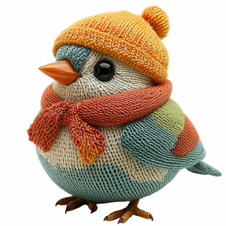 Cute little bird in a knitted hat and scarf isolated on white backgroundの写真素材