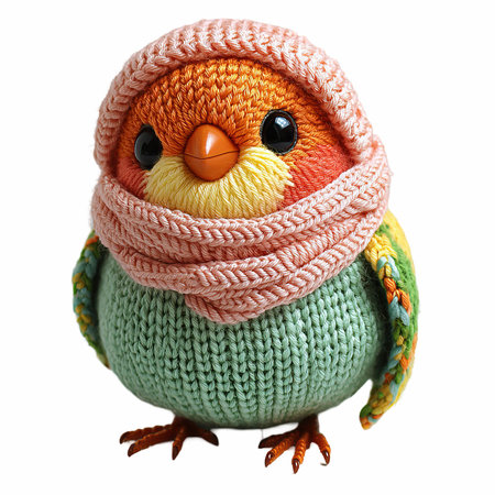 Cute little bird in knitted hat and scarf isolated on white backgroundの写真素材