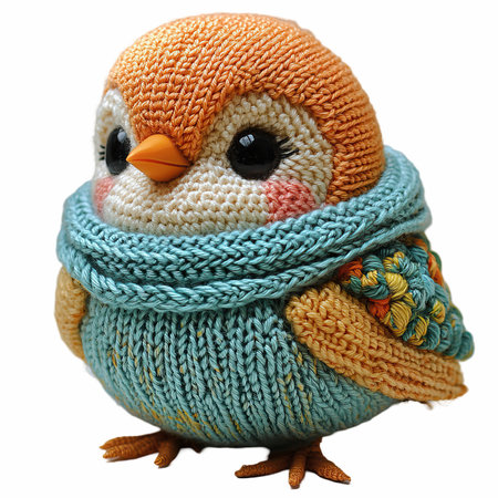 Cute little chick in a knitted scarf isolated on white backgroundの写真素材