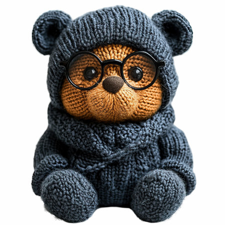 Handmade knitted toy bear with glasses isolated on white background.