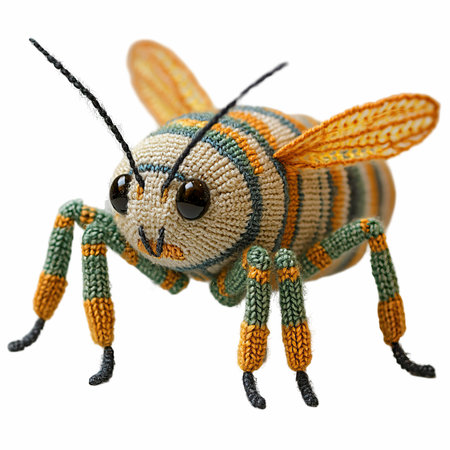Handmade crochet bee isolated on white background. Clipping path included.の写真素材
