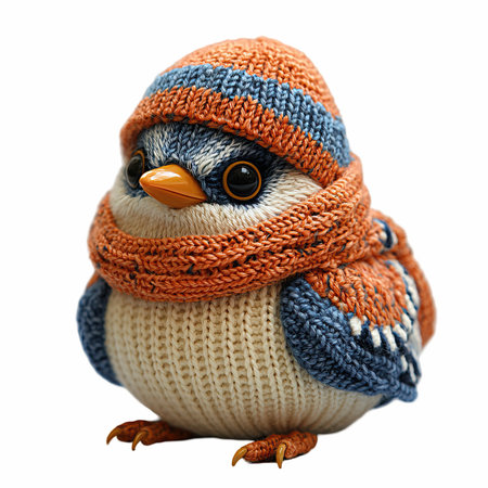Cute little bird with knitted hat isolated on white background.の写真素材