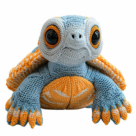 Knitted toy turtle isolated on white background. Clipping path included.の写真素材