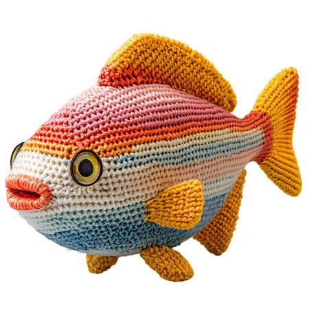 Colorful knitted fish isolated on white background with clipping path.の写真素材