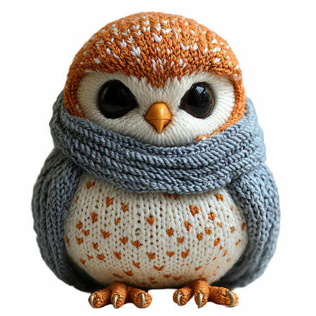 Handmade knitted owl with a scarf isolated on white background.の写真素材