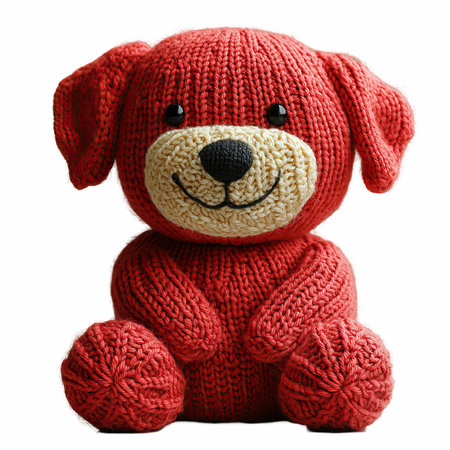 Red knitted toy dog isolated on white background with clipping path.の写真素材