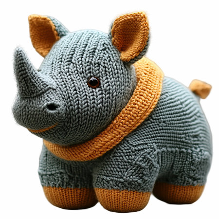 Knitted toy rhinoceros on a white background.の写真素材