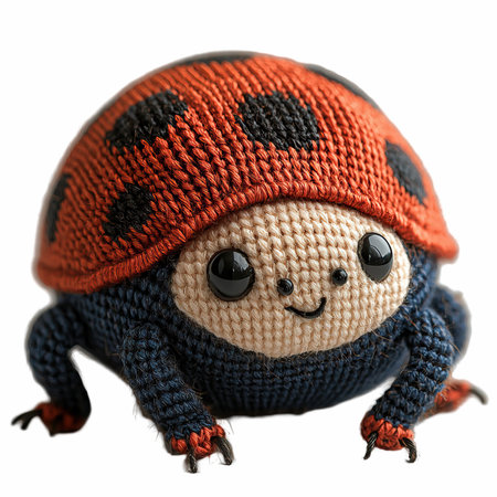 Knitted toy ladybug isolated on white background with clipping path.の写真素材