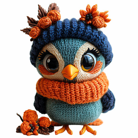 Cute little owl in knitted hat and scarf isolated on white backgroundの写真素材