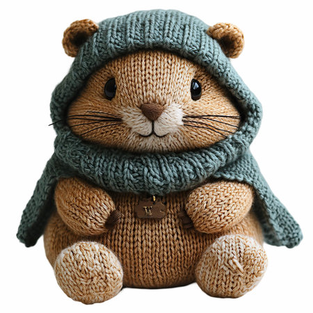 Teddy bear in a knitted hat isolated on white background.の写真素材