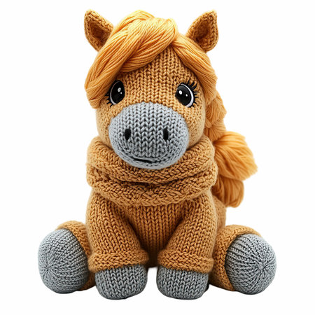 Knitted toy horse isolated on white background. Clipping path included.の写真素材