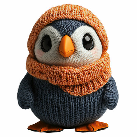 Cute little penguin in knitted hat isolated on white backgroundの写真素材