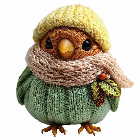 Cute owl in knitted hat and scarf isolated on white backgroundの写真素材