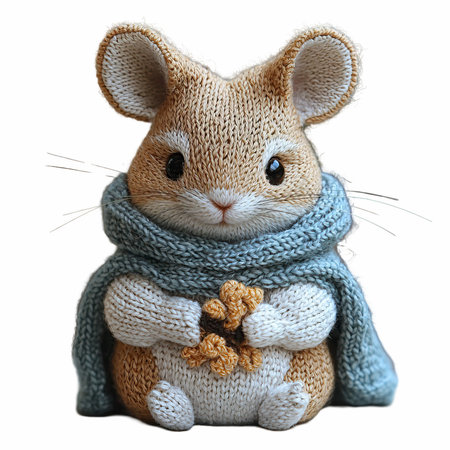 Cute little mouse with knitted scarf isolated on white background.の写真素材