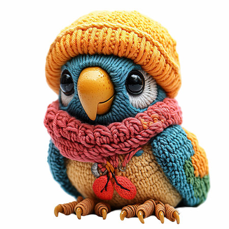 Knitted owl in a hat and scarf isolated on white background.の写真素材