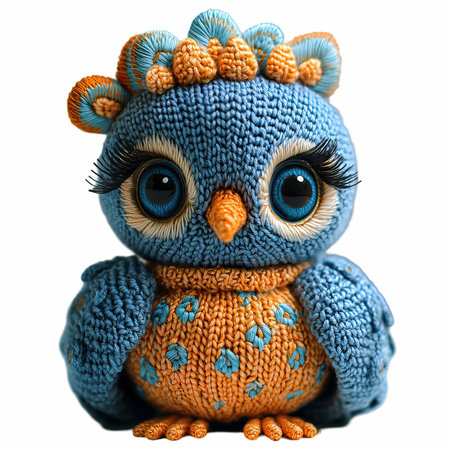 Knitted toy owl with blue eyes isolated on a white background.の写真素材