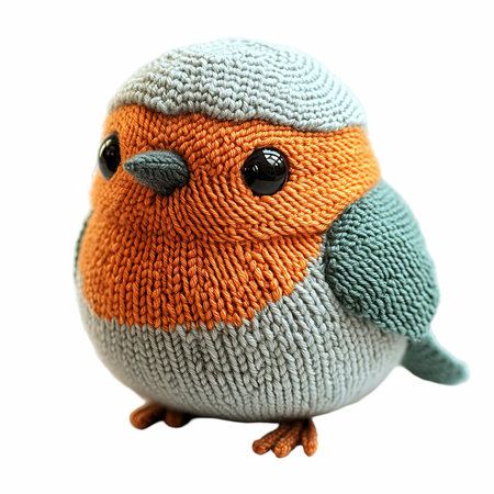 Knitted toy bird isolated on white background.の写真素材