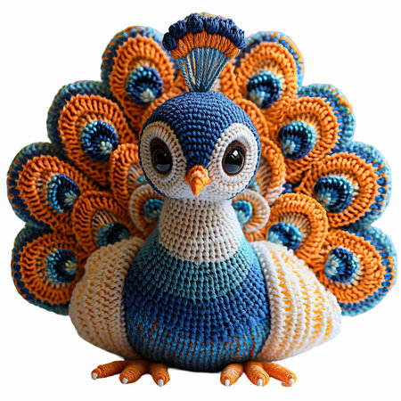 Handmade crochet bird isolated on white background. Knitted toy.