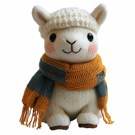 Knitted toy alpaca with scarf isolated on white background.の写真素材