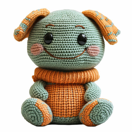 Knitted toy dog isolated on white background. Clipping path included.の写真素材