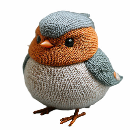Cute little bird in a knitted hat on a white backgroundの写真素材