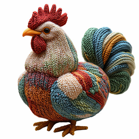 Colorful knitted rooster isolated on white background with clipping pathの写真素材